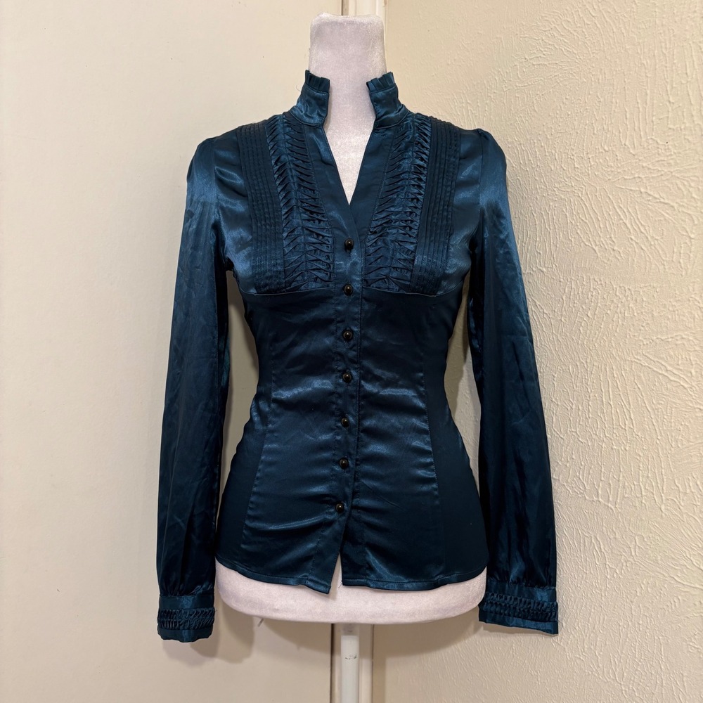 Vision Teal Dark Blue Satin Ruffle High Neck Pintuck Button Front Blouse Size 34